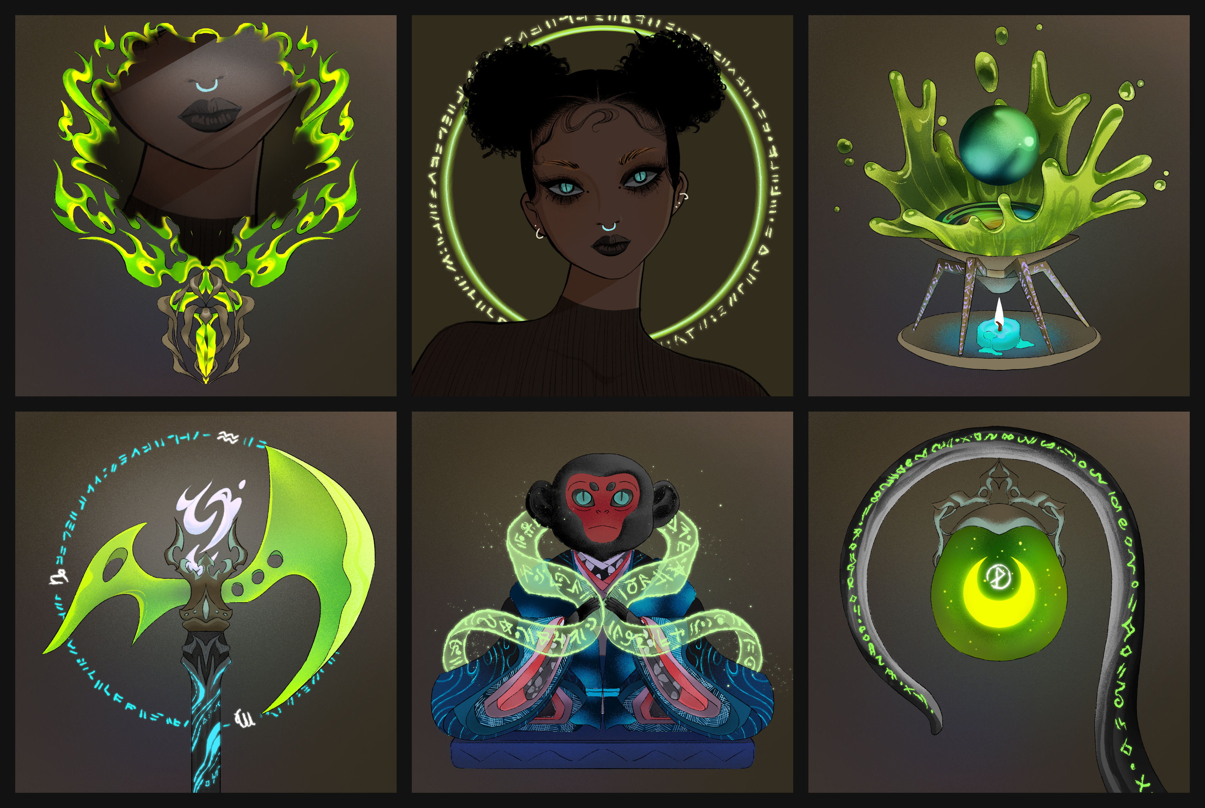 A full set of ARTIFACTS fit for a MAGE, with the "moss" background and the "glo" primary colorway, for the WITCH Equuleus, the Keen Quadrant.