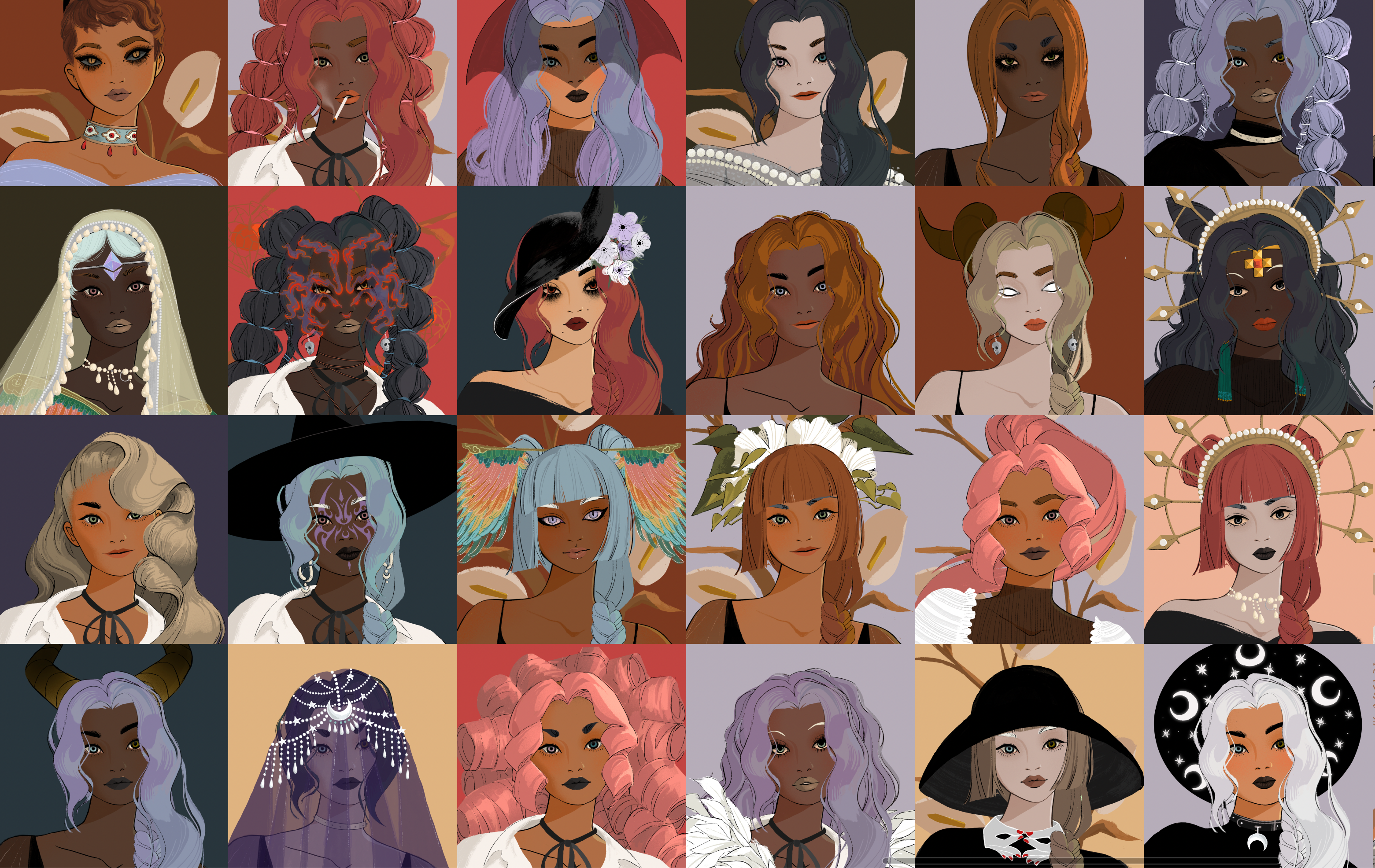 an uncurated set of witches generated during a test roll. Initially when curating it was hard to get rid of any of them, but we soon became ruthless in our preferences, looking for witches we'd want in our own wallets. 